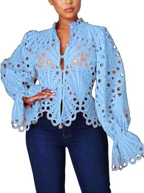 🆕Women’s Lake Blue Lace Ruffle Puff Long Sleeve Button Down Tops Flare Tunic